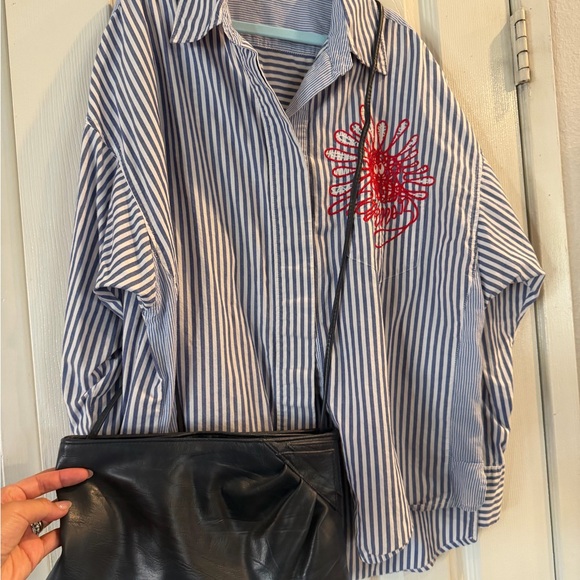 Striped Button-Up Shirt with Red Floral Embroidery - Picture 5 of 5